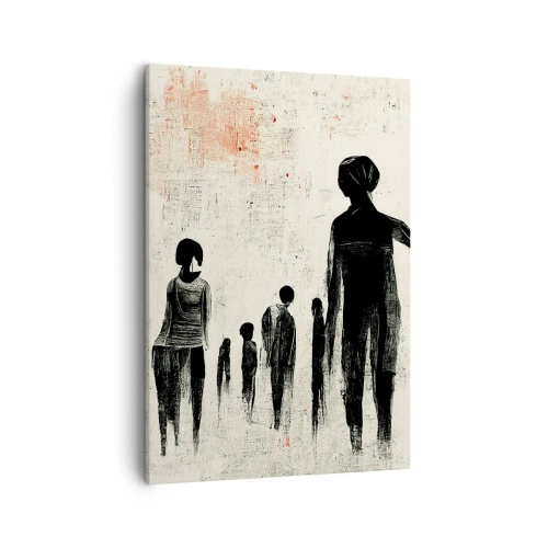 Obraz na płótnie - Minimalistyczna ilustracja sylwetek ludzi w czerni na jasnym tle - 50x70cm - Przeciw samotności - Nowoczesna dekoracja ścienna do salonu, kuchni i sypialni ARTTOR