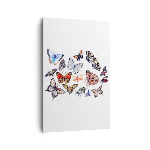 Obraz na płótnie - Kolorowe motyle na białym tle - 80x120cm - Koronkowy, barwny rój - Nowoczesna dekoracja ścienna do salonu i sypialni ARTTOR