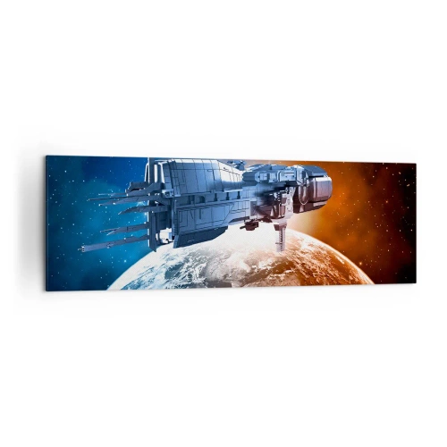 Obraz na płótnie - Statek kosmiczny na tle planety w przestrzeni - 160x50cm - Uważny obserwator - Nowoczesna dekoracja ścienna do salonu i sypialni ARTTOR