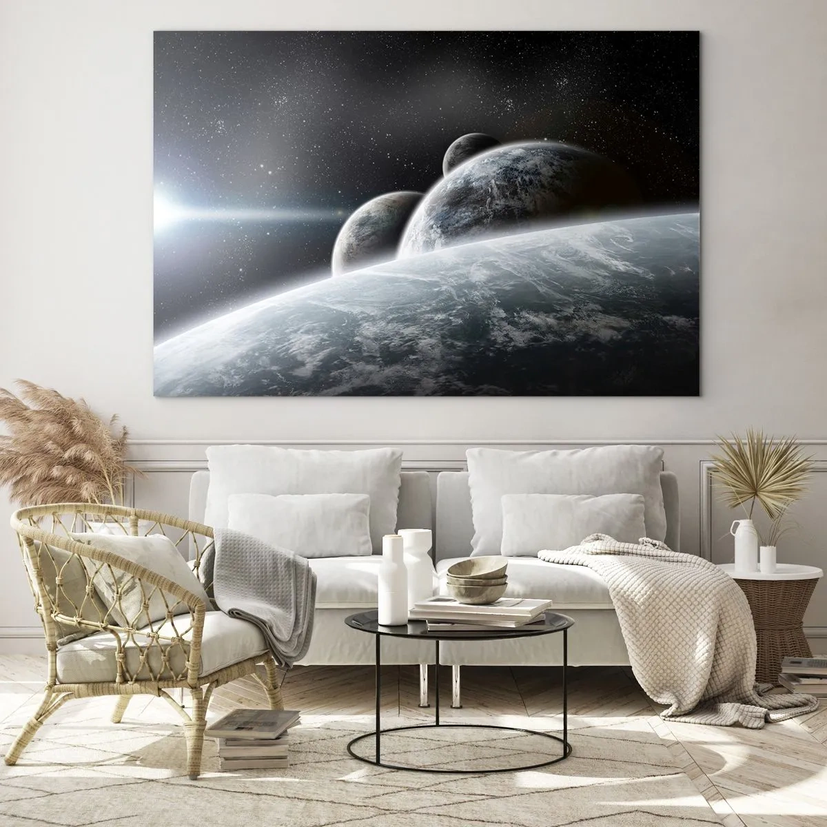 Obraz na szkle - Planety w kosmicznej przestrzeni z promieniem światła - 70x50cm - Kosmiczna muzyka sfer - Nowoczesna dekoracja ścienna do salonu i sypialni ARTTOR