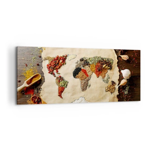 Obraz na płótnie - Mapa świata wykonana z przypraw na drewnianym tle - 120x50cm - Wszystkie smaki świata - Nowoczesna dekoracja ścienna do salonu i sypialni ARTTOR