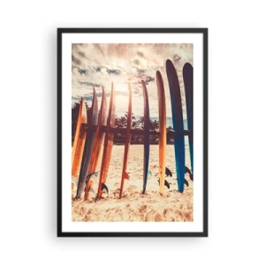 Plakat w czarnej ramie - Kolorowe deski surfingowe na tle plaży i palm - 50x70cm - Dobranoc, do jutra - Nowoczesna dekoracja ścienna do salonu i sypialni ARTTOR