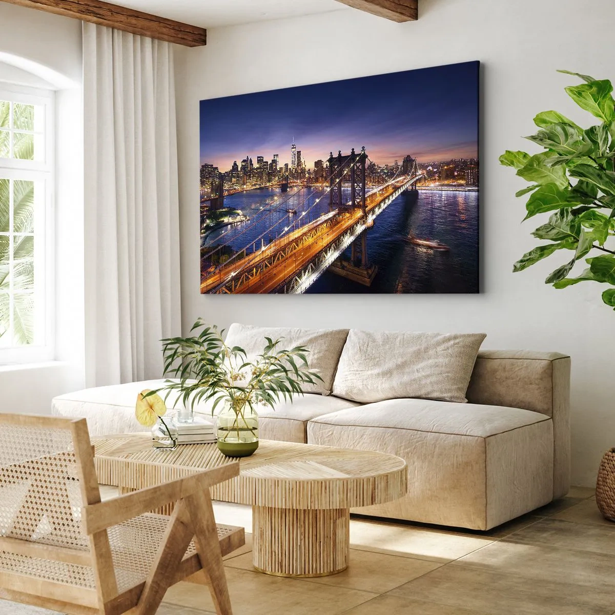 Obraz na płótnie - Most i panorama miasta o zachodzie słońca - 70x50cm - Świetlistym mostem do serca miasta - Nowoczesna dekoracja ścienna do salonu i sypialni ARTTOR