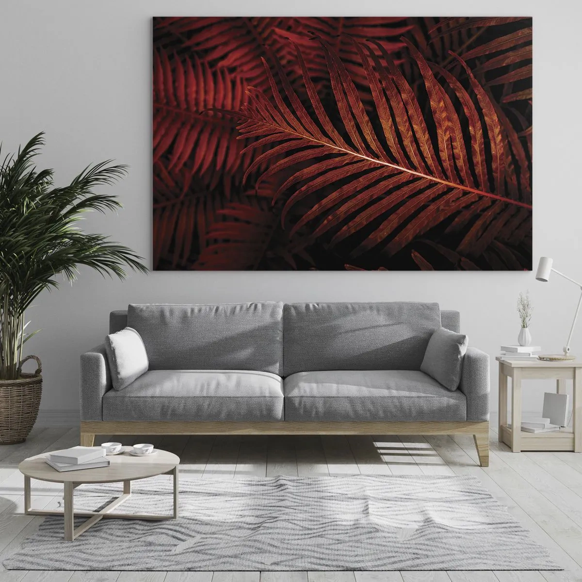Obraz na szkle - Czerwone liście tropikalnej rośliny na ciemnym tle - 100x70cm - Żar życia - Nowoczesna dekoracja ścienna do salonu, kuchni i sypialni ARTTOR