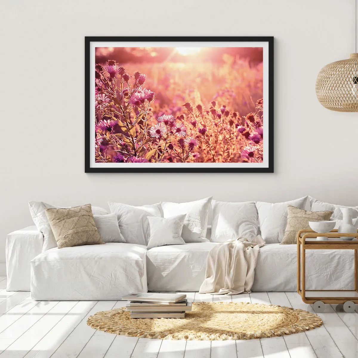 Plakat w czarnej ramie - Łąka w świetle zachodzącego słońca - 70x50cm - Przed odejściem lata - Nowoczesna dekoracja ścienna do salonu i sypialni ARTTOR