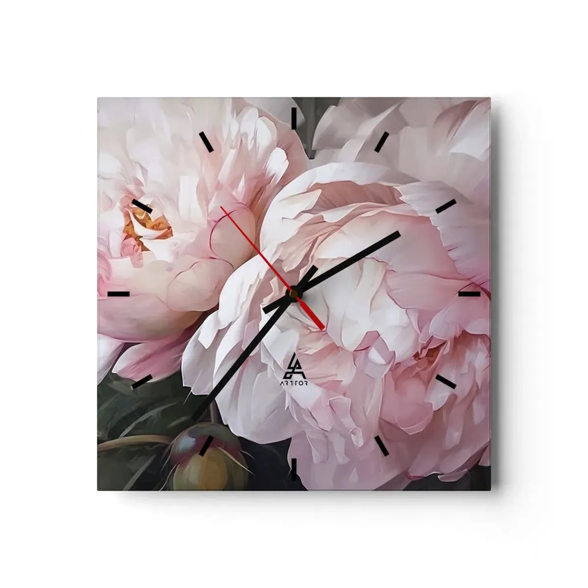 Zegar ścienny - Delikatne różowe piwonie w pełnym rozkwicie - 30x30cm - Zatrzymane w rozkwicie - Nowoczesna dekoracja ścienna do salonu i sypialni ARTTOR