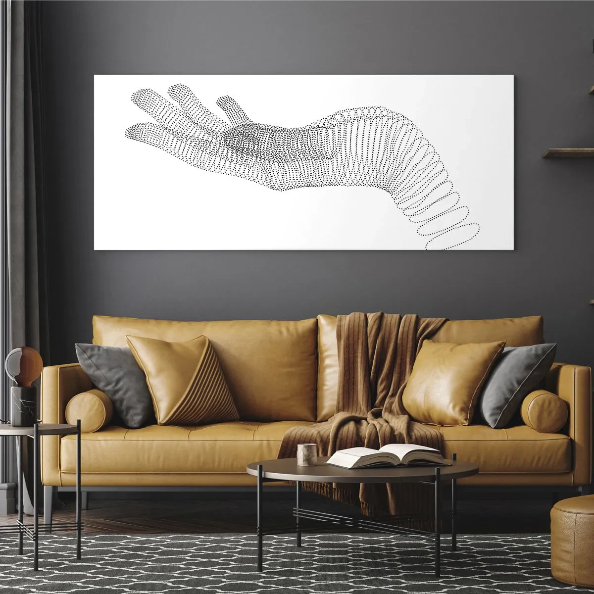 Obraz na szkle - Minimalistyczna ilustracja dłoni stworzona z czarnych kropek na białym tle - 120x50cm - Sprężysta dłoń - Nowoczesna dekoracja ścienna do salonu i sypialni ARTTOR