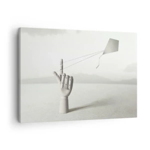 Obraz na płótnie - Minimalistyczna ręka drewniana z latawcem na tle pejzażu - 70x50cm - Próba sił - Nowoczesna dekoracja ścienna do salonu i sypialni ARTTOR