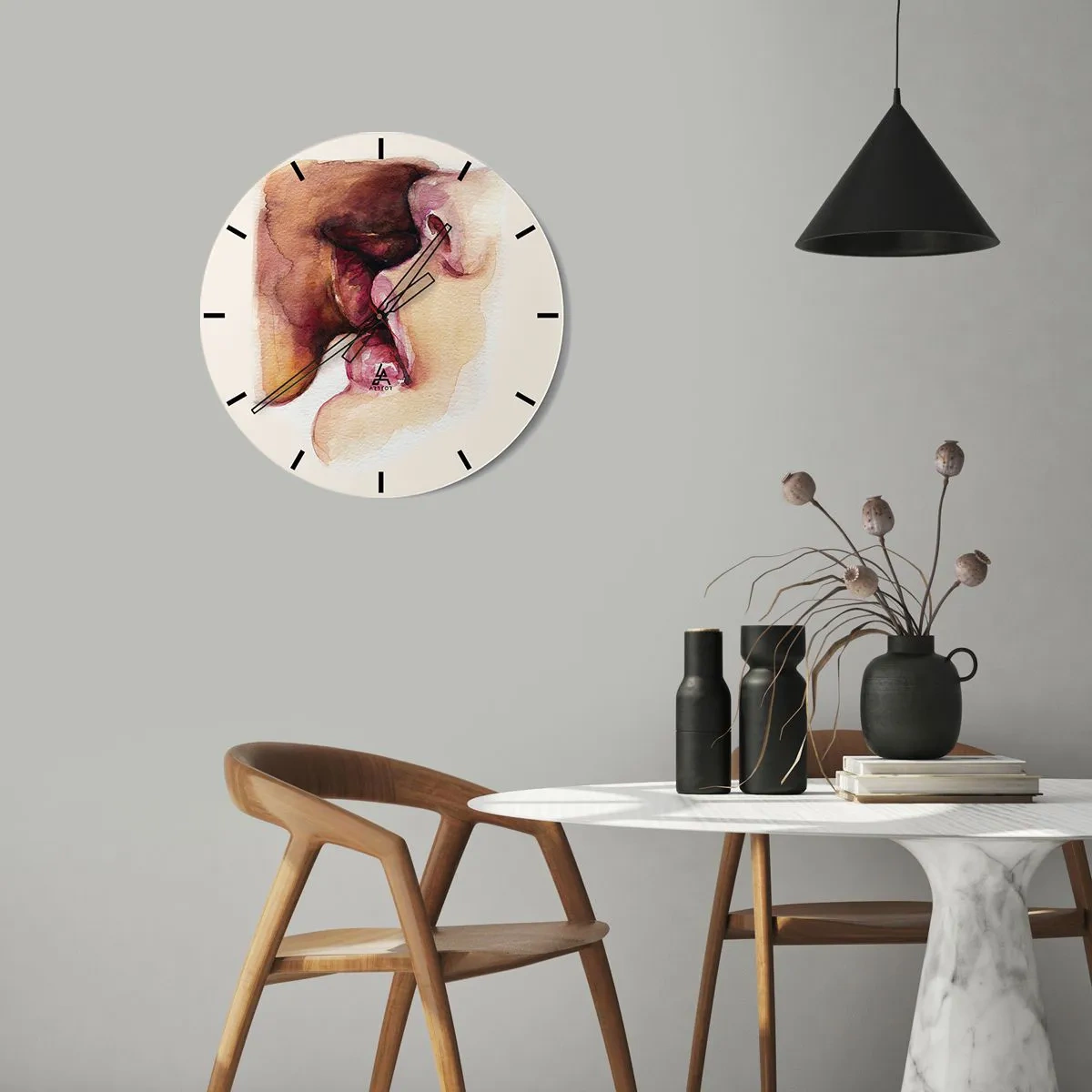Zegar ścienny - Pocałunek dwóch twarzy w stylu akwareli - 30x30cm - Jak noc i dzień, ziemia i niebo - Nowoczesna dekoracja ścienna do salonu, kuchni i sypialni ARTTOR