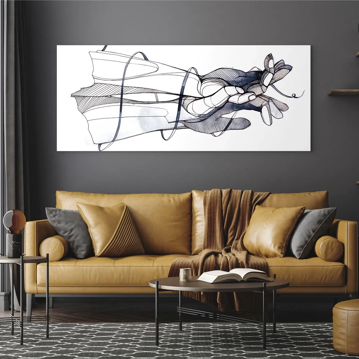 Obraz na szkle - Subtelny rysunek dłoni z delikatnym kwiatem - 160x50cm - Studium dotyku - Nowoczesna dekoracja ścienna do salonu i sypialni ARTTOR