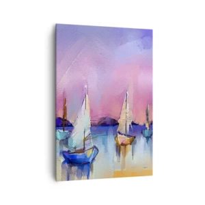 Obraz na płótnie - Żaglówki na spokojnym morzu w pastelowych kolorach zachodu - 70x100cm - Kierunek: szerokie wody - Nowoczesna dekoracja ścienna do salonu i sypialni ARTTOR