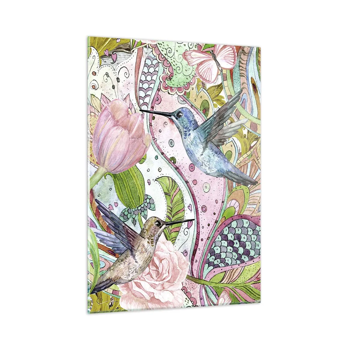 Obraz na szkle - Kolorowe kolibry wśród kwiatów i motyli - 50x70cm - Wplątane w pnączach - Nowoczesna dekoracja ścienna do salonu, kuchni i sypialni ARTTOR