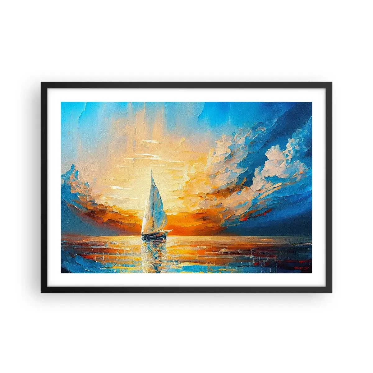 Plakat w czarnej ramie - Żaglówka na tle zachodzącego słońca i barwnych chmur - 70x50cm - Żegluga w złocie - Nowoczesna dekoracja ścienna do salonu i sypialni ARTTOR