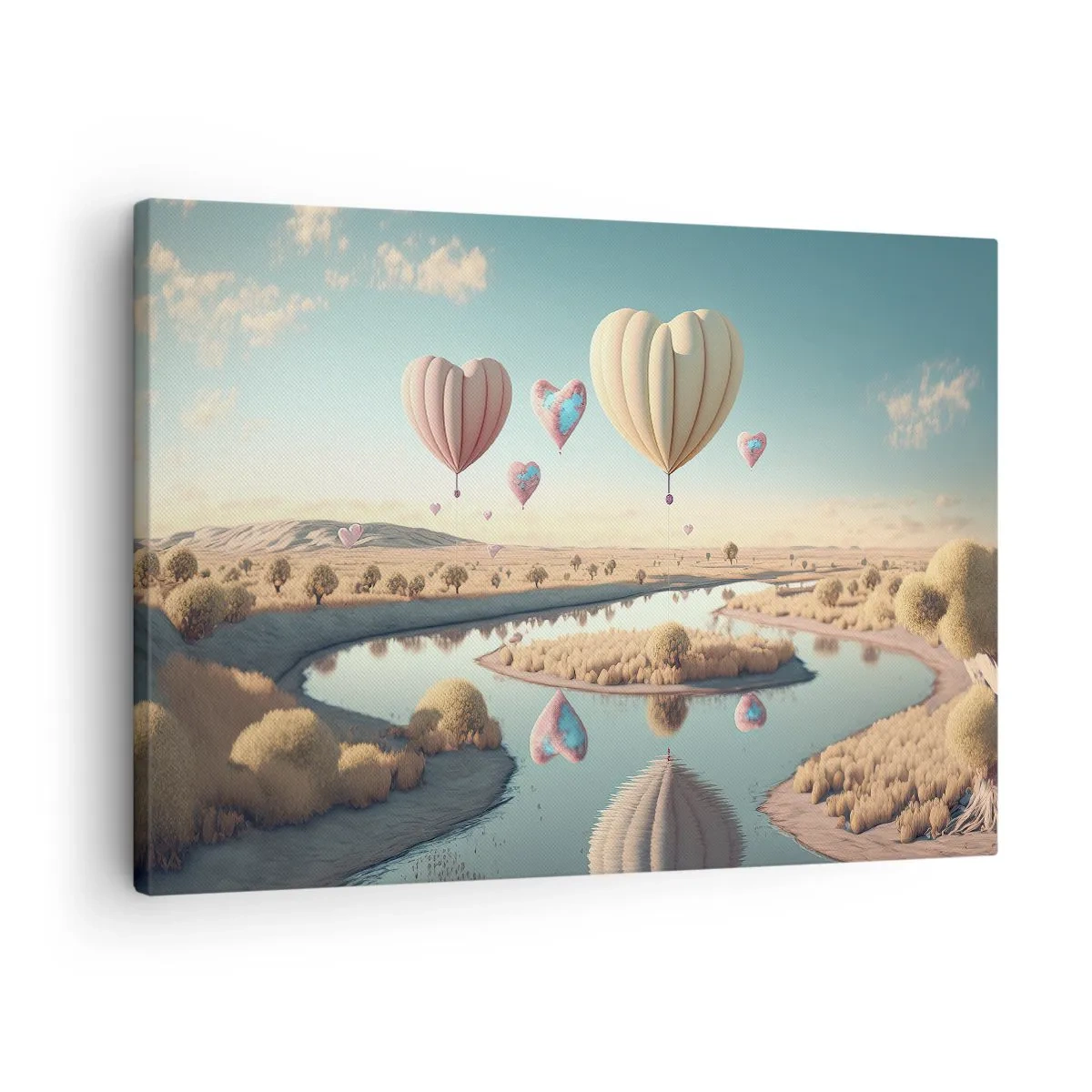 Obraz na płótnie - Balony w kształcie serc unoszące się nad krajobrazem - 70x50cm - Miłość pozwala wznieść się - Nowoczesna dekoracja ścienna do salonu i sypialni ARTTOR
