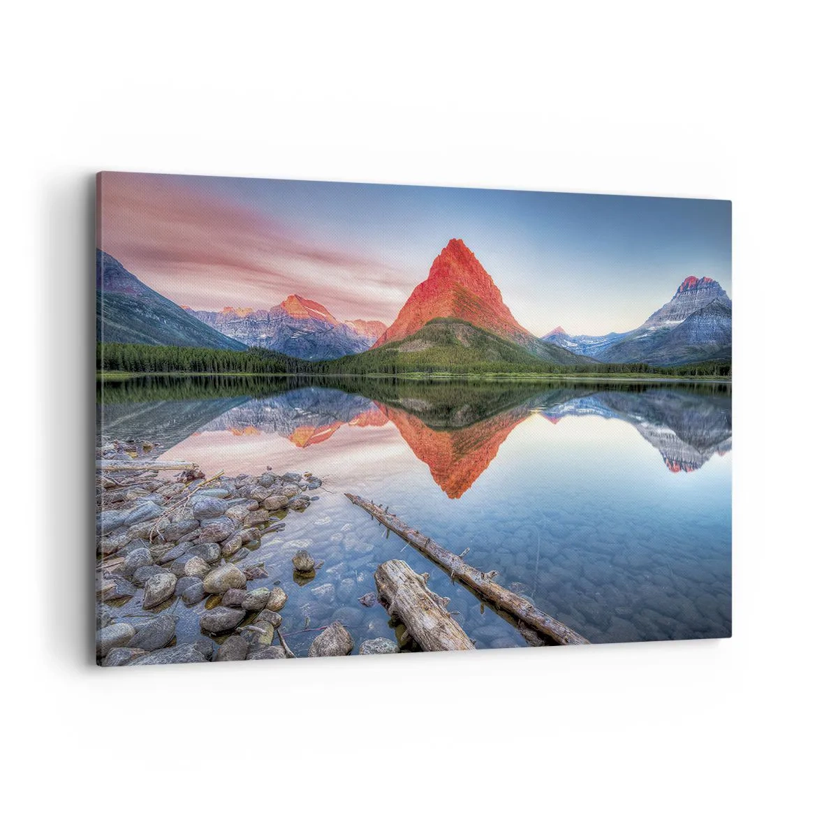 Obraz na płótnie - Góra odbijająca się w jeziorze o zachodzie słońca - 120x80cm - Żar i chłód - Nowoczesna dekoracja ścienna do salonu, kuchni i sypialni ARTTOR