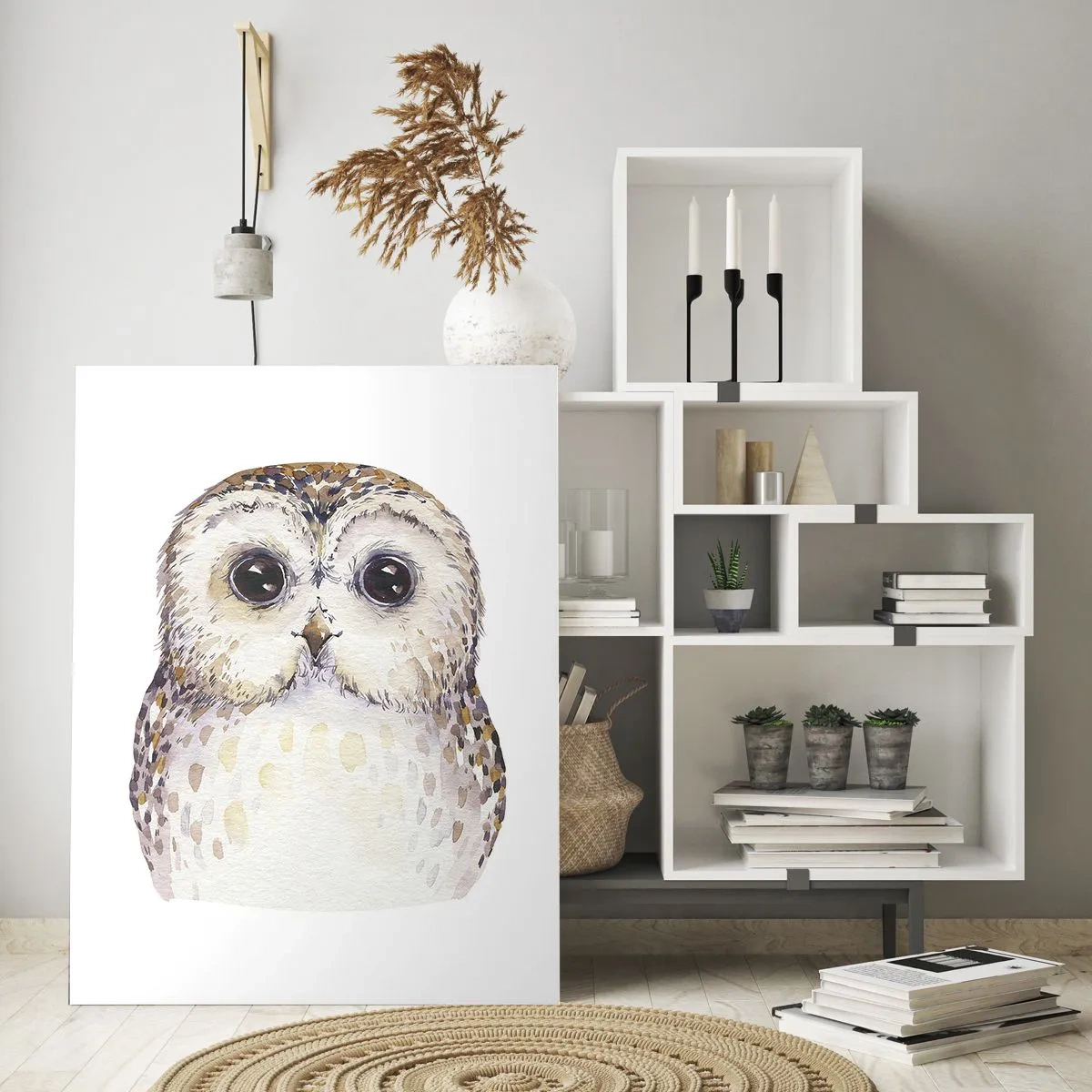Obraz na szkle - Urocza sowa na białym tle w akwarelowym stylu - 50x70cm - Spójrz mi w oczy - Nowoczesna dekoracja ścienna do salonu, kuchni i sypialni ARTTOR