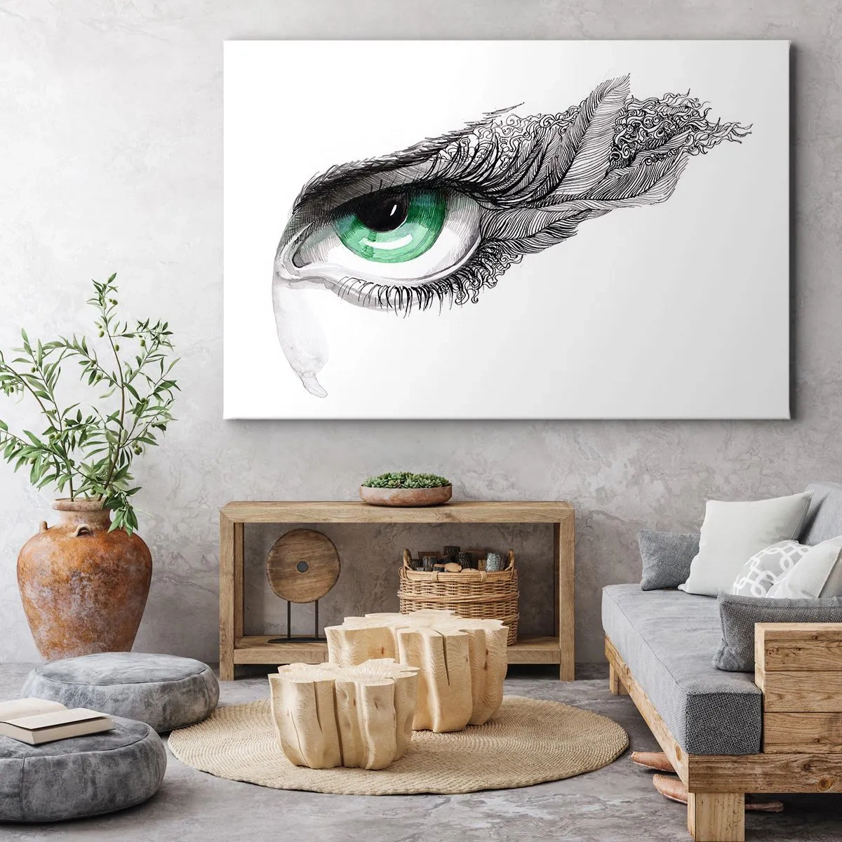 Obraz na płótnie - Artystyczne oko z zieloną tęczówką i detalami rysunku - 70x50cm - Piękna i gotowa do ataku - Nowoczesna dekoracja ścienna do salonu i sypialni ARTTOR