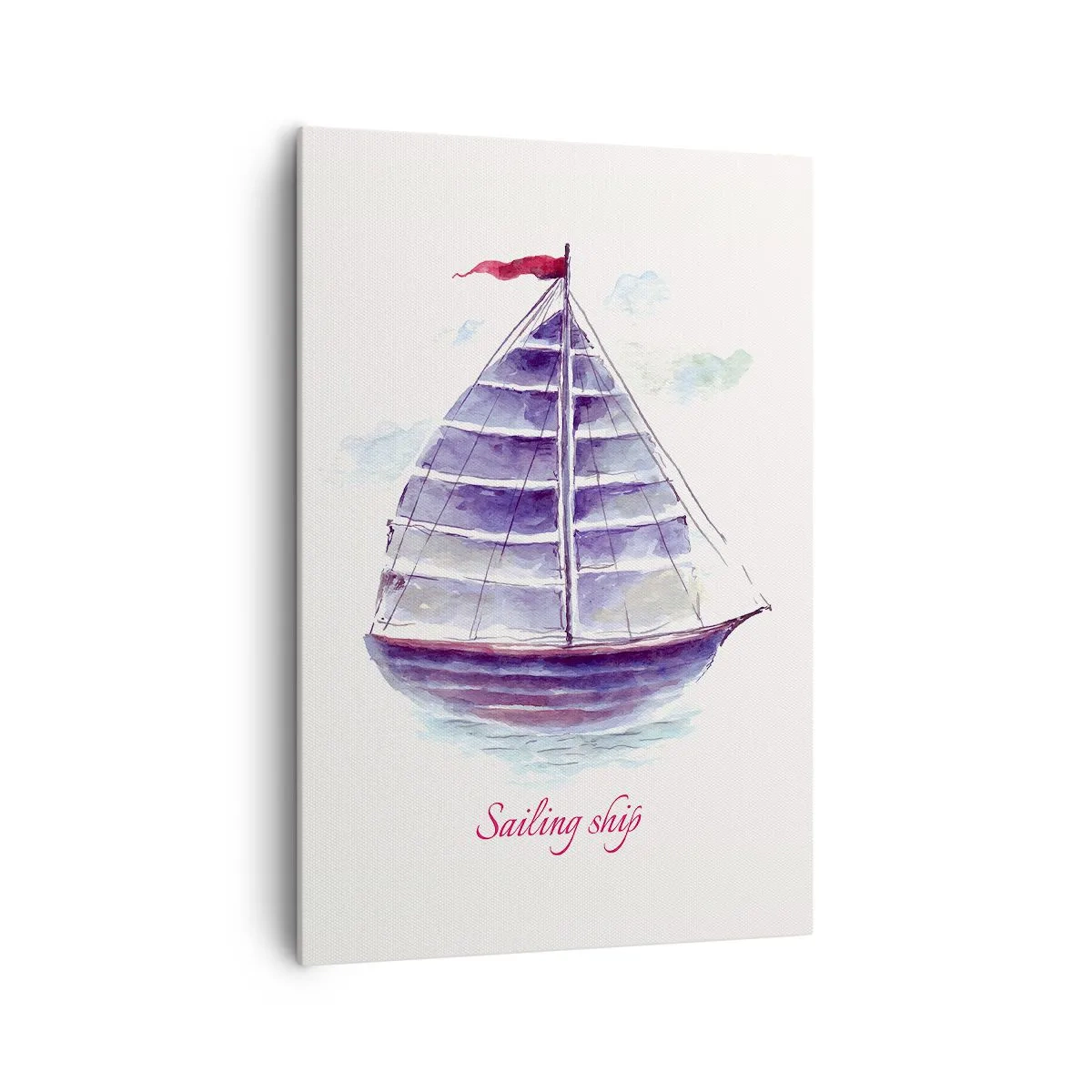 Obraz na płótnie - Akwarelowy obraz żaglówki na wodzie z delikatnym napisem - 70x100cm - Pełnych żagli i spokojnej wody - Nowoczesna dekoracja ścienna do salonu i sypialni ARTTOR