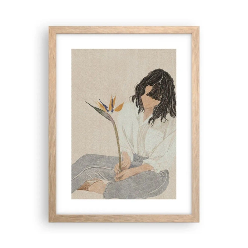 Plakat w ramie jasny dąb - Portret z egzotycznym kwiatem - 30x40 cm