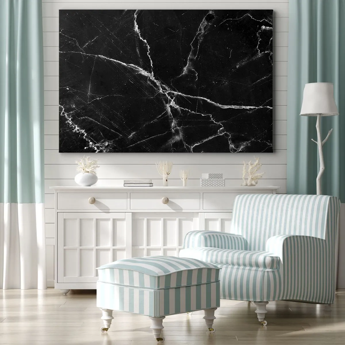 Obraz na płótnie - Czarny marmur z białymi żyłkami w detalu - 70x50cm - Sekretne życie kamienia - Nowoczesna dekoracja ścienna do salonu i sypialni ARTTOR