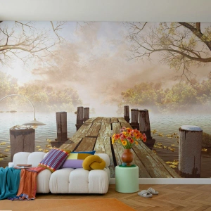 Fototapeta Premium Canvas - Łagodny smutek jesieni - Krajobraz, Jezioro, Drewniany Pomost - 350x256 cm