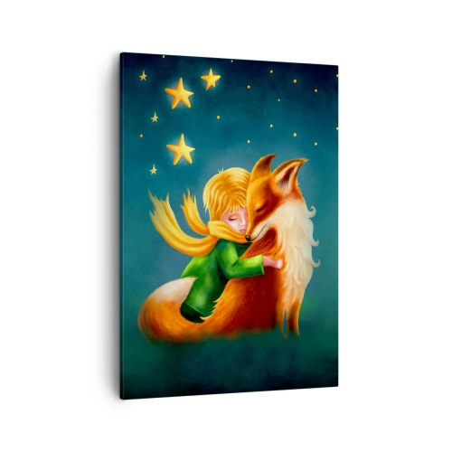 Obraz na płótnie - Postać chłopca przytulającego lisa na tle gwiaździstego nieba - 50x70cm - Mały Książę - Nowoczesna dekoracja ścienna do salonu, kuchni i sypialni ARTTOR