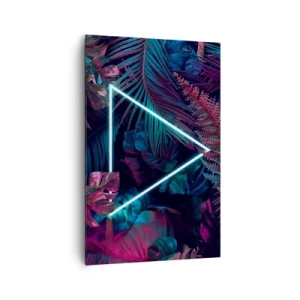 Obraz na płótnie - Neonowy trójkąt w otoczeniu tropikalnych liści w ciemnych barwach - 80x120cm - Ogród w stylu disco - Nowoczesna dekoracja ścienna do salonu i sypialni ARTTOR