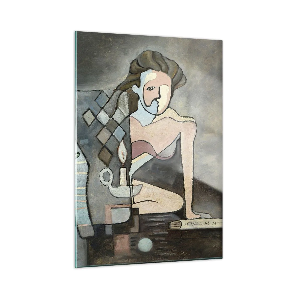 Obraz na szkle - Abstrakcyjna scena z dwoma postaciami w kubistycznym stylu - 50x70cm - Mozaika ducha i materii - Nowoczesna dekoracja ścienna do salonu, kuchni i sypialni ARTTOR