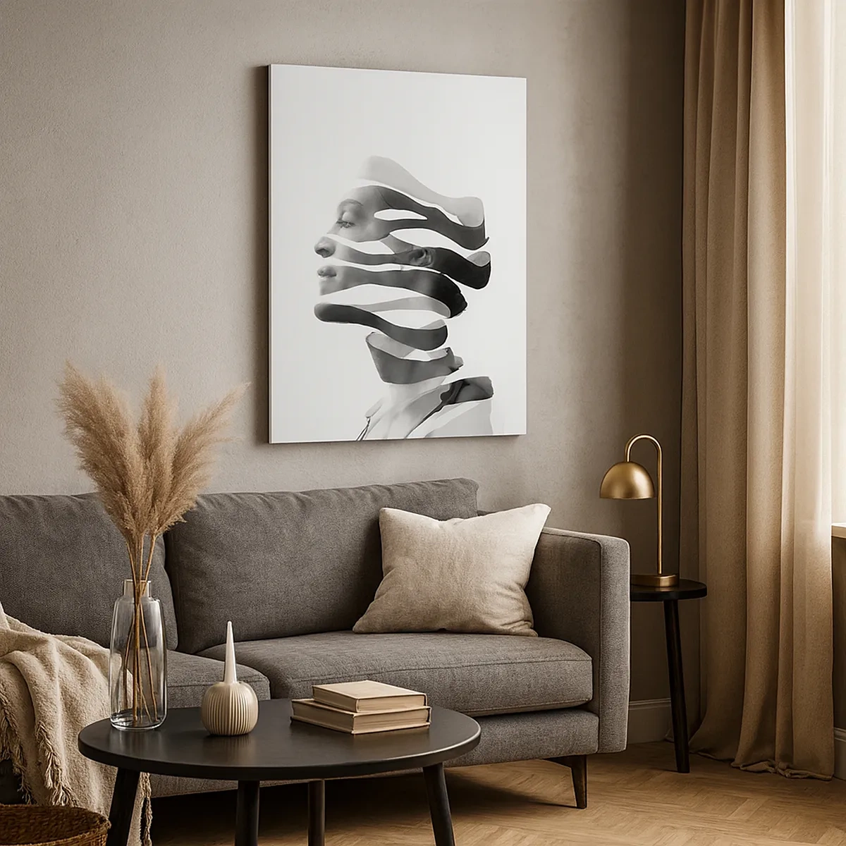 Obraz na płótnie - Abstrakcyjny portret kobiety w stylu surrealistycznym, czarno-biały - 50x70cm - Portret surrealistyczny - Nowoczesna dekoracja ścienna do salonu, kuchni i sypialni ARTTOR