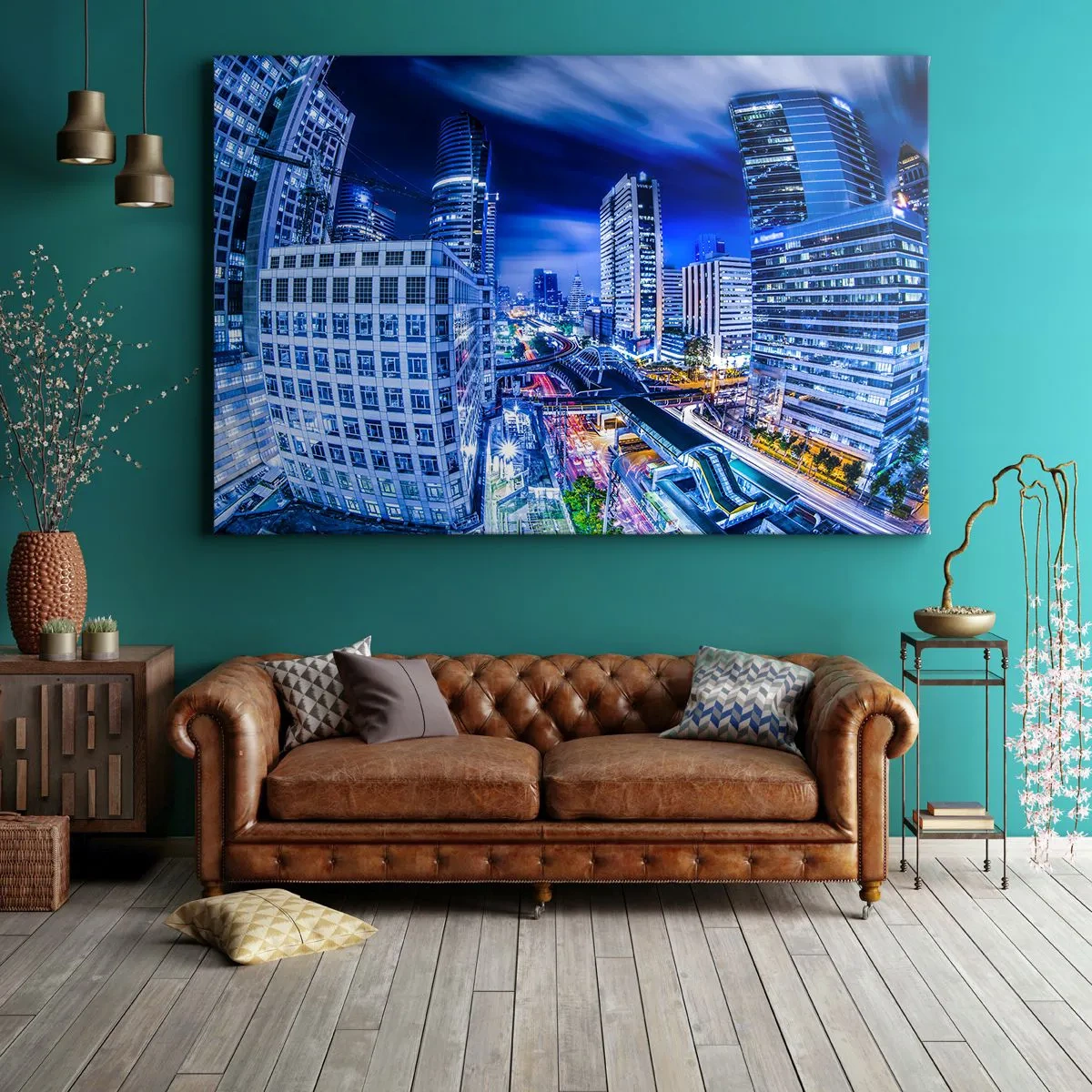 Obraz na płótnie - Nocna panorama miasta z drapaczami chmur i światłami ulic - 70x50cm - Rytmy nocnego miasta - Nowoczesna dekoracja ścienna do salonu i sypialni ARTTOR