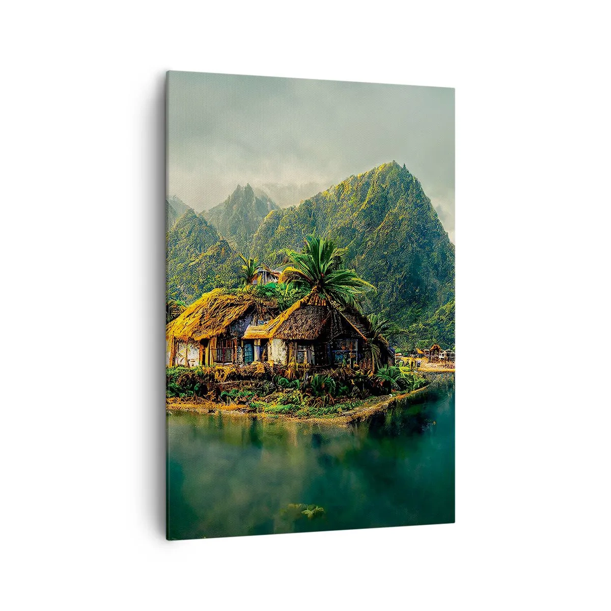 Obraz na płótnie - Tropikalna wyspa z palmami i górami w tle - 70x100cm - Tropikalny raj - Nowoczesna dekoracja ścienna do salonu i sypialni ARTTOR