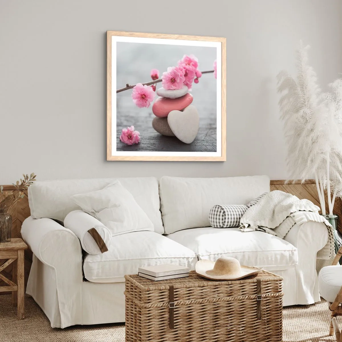 Plakat w ramie jasny dąb - Błogość z kwiatem wiśni - 50x50 cm