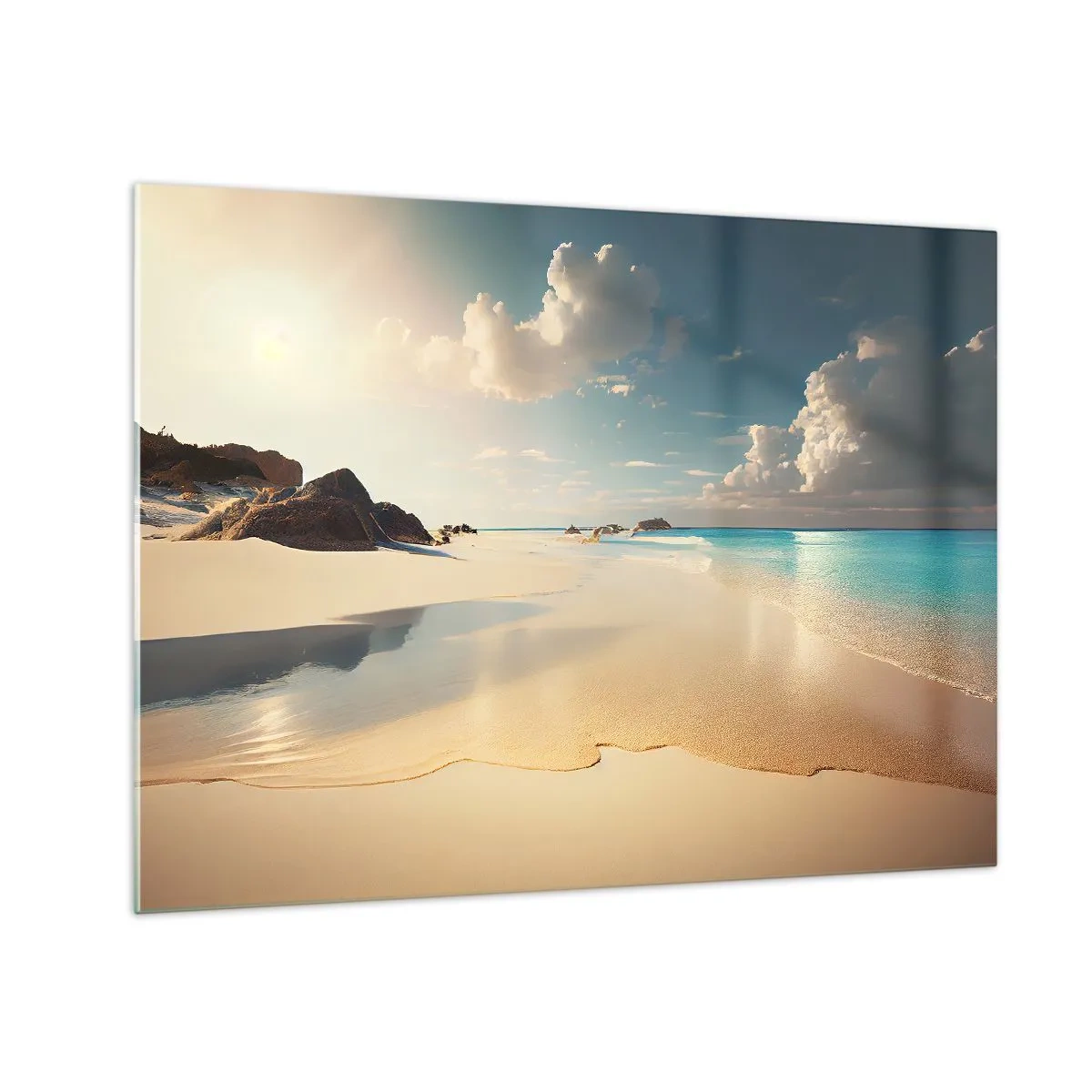 Obraz na szkle - Złocista plaża i turkusowe morze w świetle porannego słońca - 70x50cm - Wymarzony dzień - Nowoczesna dekoracja ścienna do salonu i sypialni ARTTOR