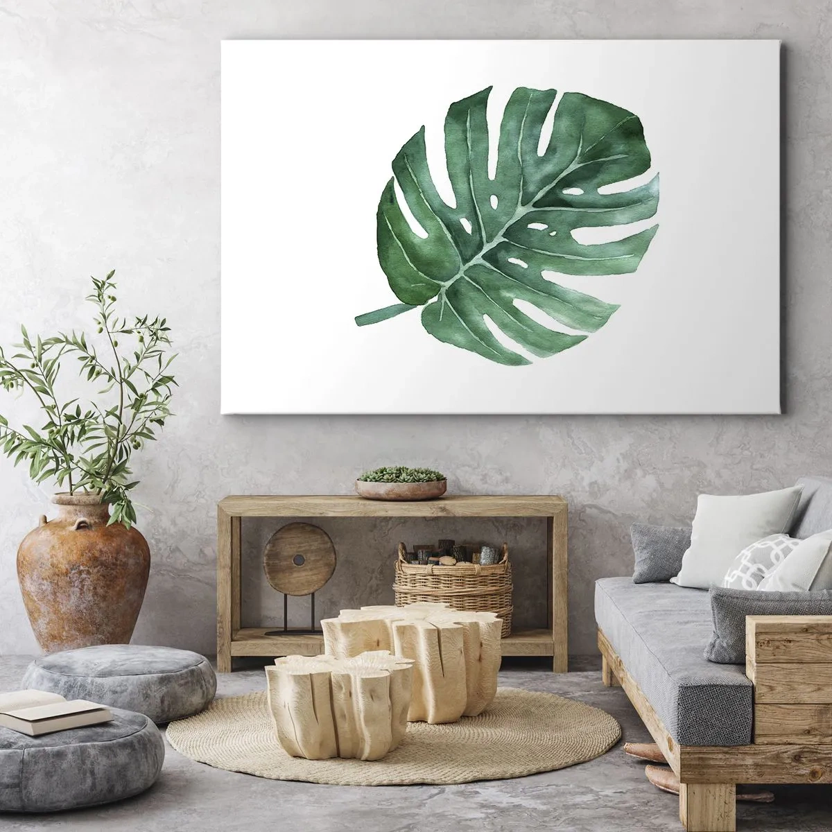 Obraz na płótnie - Zielony liść monstery w minimalistycznym stylu - 70x50cm - Zielony koncept - Nowoczesna dekoracja ścienna do salonu i sypialni ARTTOR