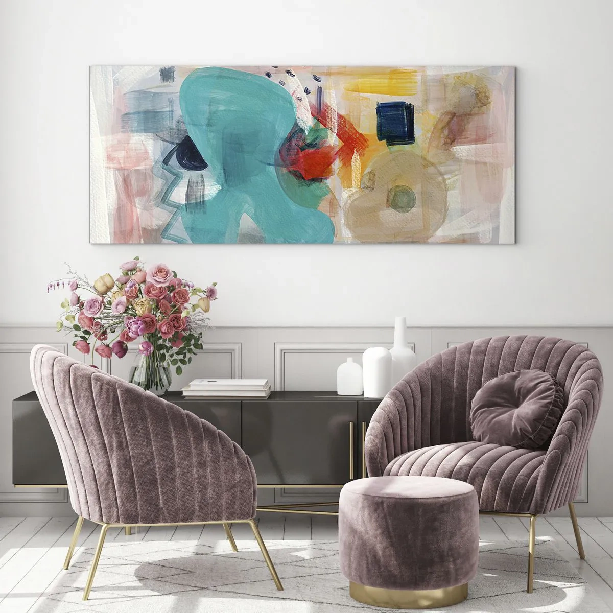 Obraz na szkle - Abstrakcyjne kształty i kolory tworzące dynamiczną kompozycję - 120x50cm - Kolorowa gra - Nowoczesna dekoracja ścienna do salonu i sypialni ARTTOR