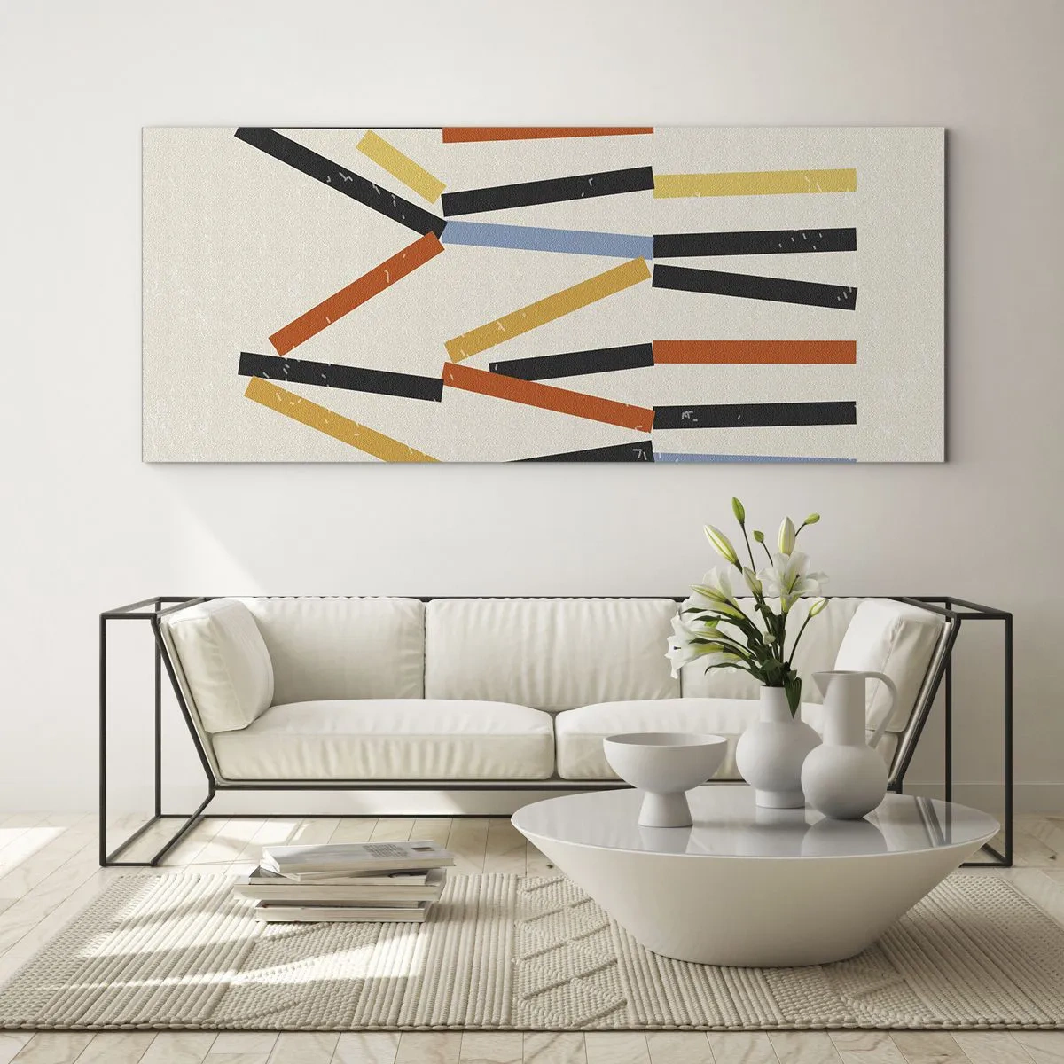 Obraz na szkle - Abstrakcyjna kompozycja z kolorowymi i czarnymi prostokątami w układzie poziomym - 140x50cm - Kompozycja na poziomie - Nowoczesna dekoracja ścienna do salonu i sypialni ARTTOR