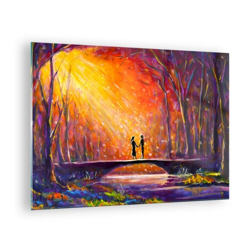 Obraz na szkle - Para na moście w świetle zachodzącego słońca otoczona drzewami - 70x50cm - Niebo ich też kocha - Nowoczesna dekoracja ścienna do salonu i sypialni ARTTOR