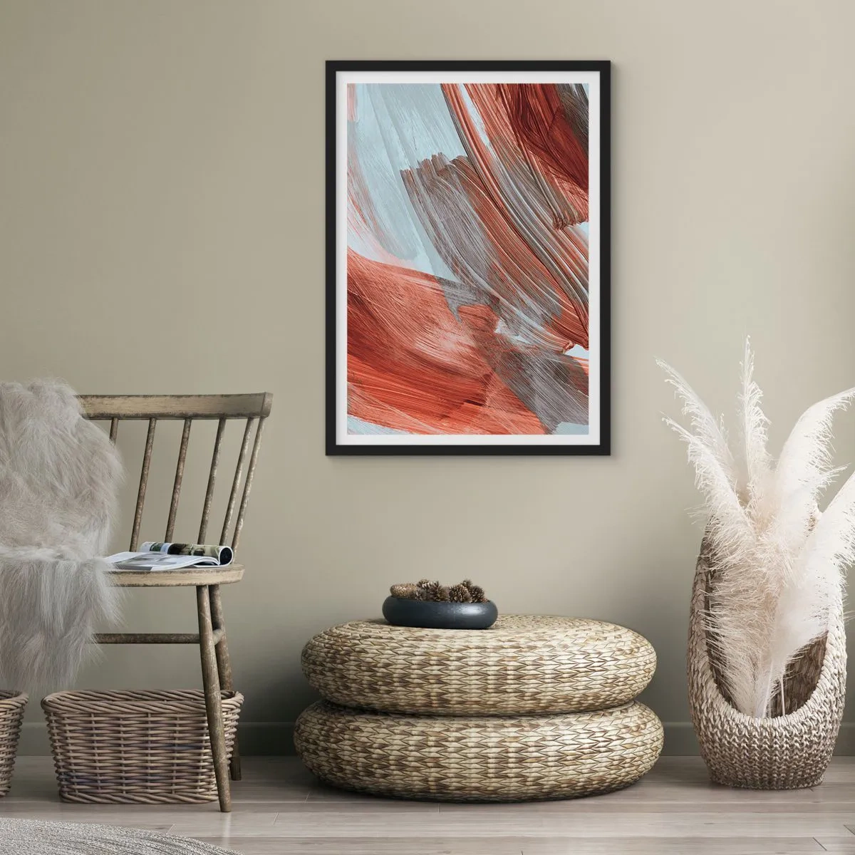 Plakat w czarnej ramie - Dynamiczne pociągnięcia pędzla w ciepłych tonacjach - 50x70cm - Abstrakcja jesienna i wietrzna - Nowoczesna dekoracja ścienna do salonu i sypialni ARTTOR