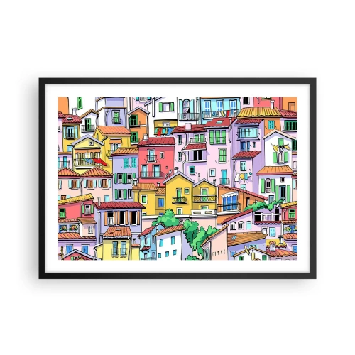 Plakat w czarnej ramie - Kolorowe kamienice w żywej, radosnej stylistyce - 70x50cm - Wesołe miasto - Nowoczesna dekoracja ścienna do salonu i sypialni ARTTOR