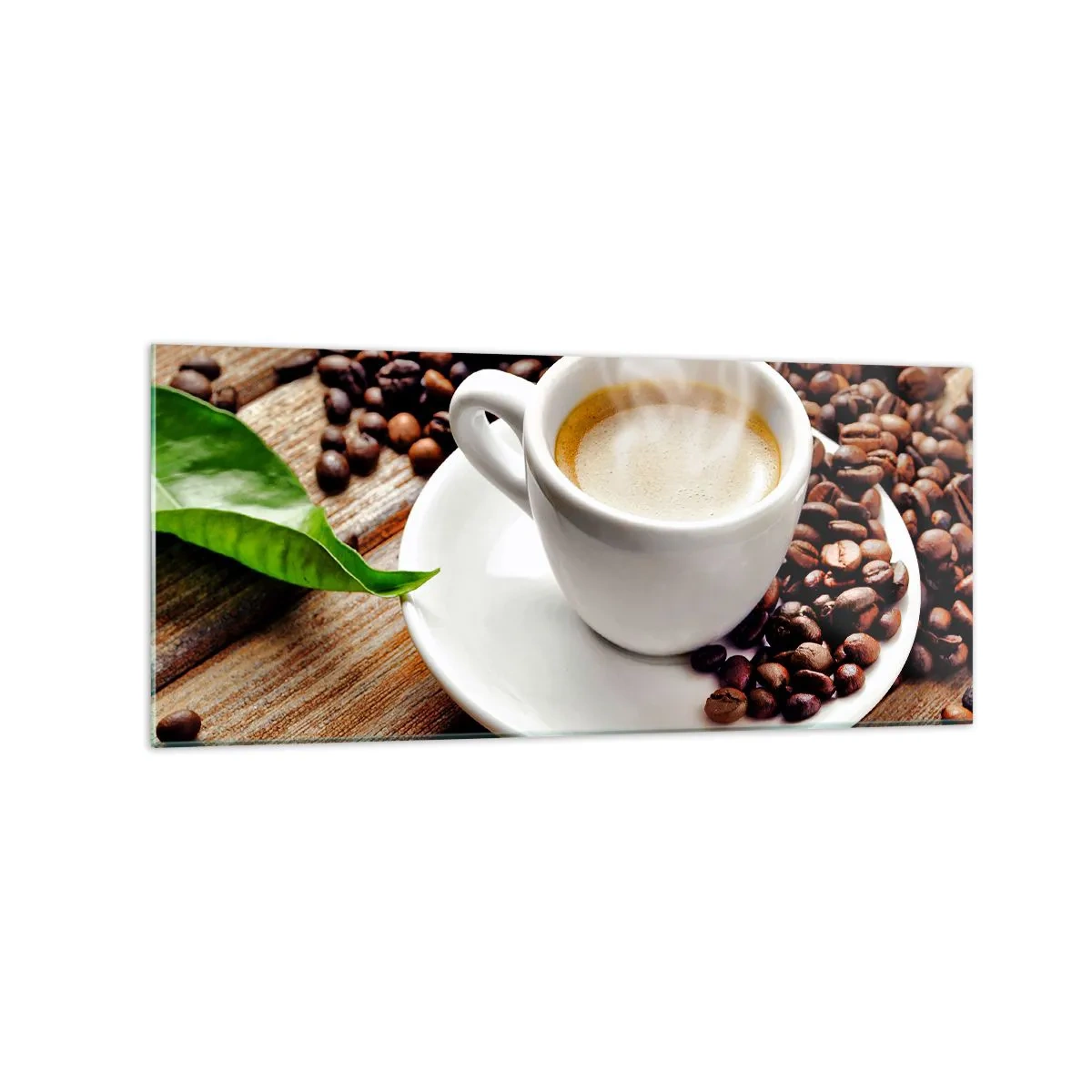 Obraz na szkle - Filiżanka aromatycznej kawy na tle ziaren i liścia - 120x50cm - Kawa na ławie - Nowoczesna dekoracja ścienna do salonu i sypialni ARTTOR
