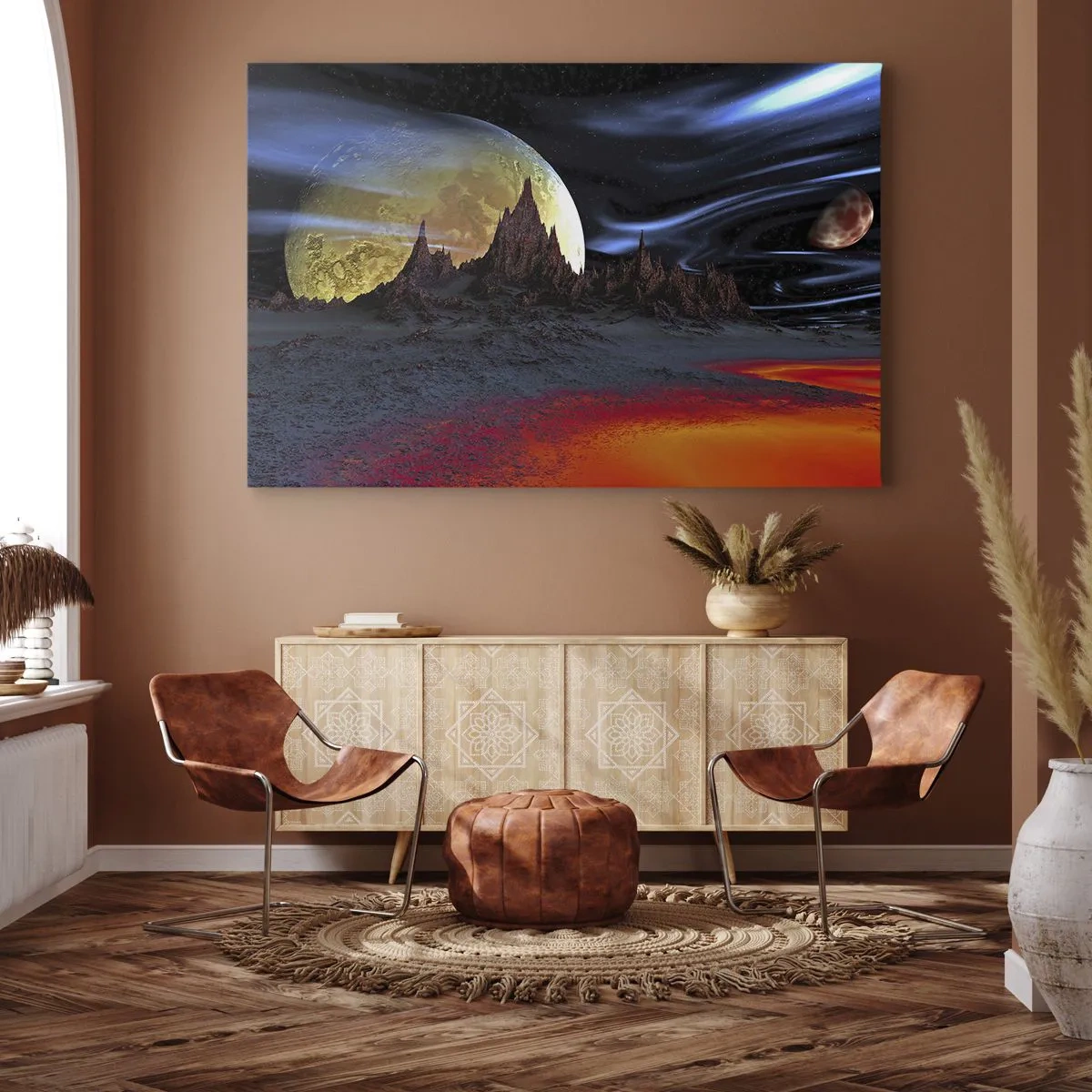 Obraz na płótnie - Fantastyczny krajobraz z planetami i wulkaniczną scenerią - 100x70cm - Nieznany świat - Nowoczesna dekoracja ścienna do salonu, kuchni i sypialni ARTTOR