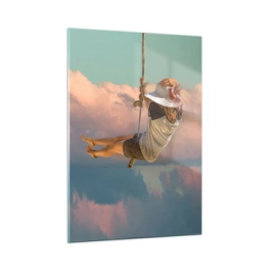 Obraz na szkle - Dziewczyna na huśtawce wśród różowych chmur - 50x70cm - Zabawa w obłokach - Nowoczesna dekoracja ścienna do salonu, kuchni i sypialni ARTTOR