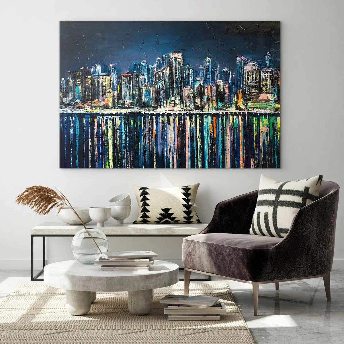 Obraz na szkle - Panorama miasta nocą z odbiciem świateł w wodzie - 70x50cm - Kaskada swiateł - Nowoczesna dekoracja ścienna do salonu i sypialni ARTTOR