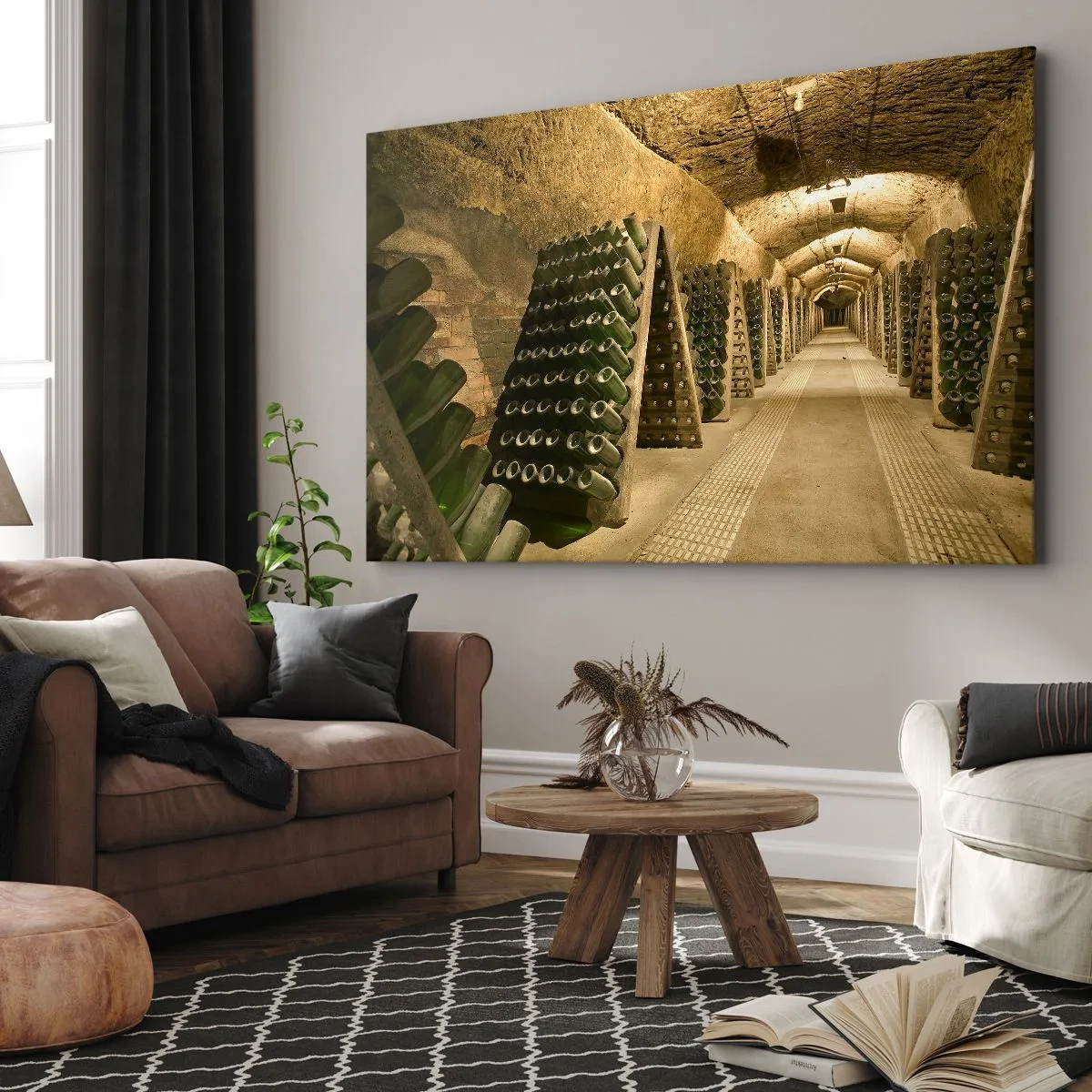 Obraz na płótnie - Winnica z piwnicą pełną butelek wina ustawionych na drewnianych stojakach. - 70x50cm - Narodziny smaku - Nowoczesna dekoracja ścienna do salonu i sypialni ARTTOR