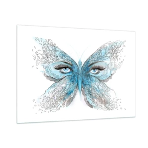 Obraz na szkle - Motyl z błękitnymi skrzydłami i ludzkimi oczami w artystycznym stylu - 100x70cm - Modraszek eros - Nowoczesna dekoracja ścienna do salonu, kuchni i sypialni ARTTOR