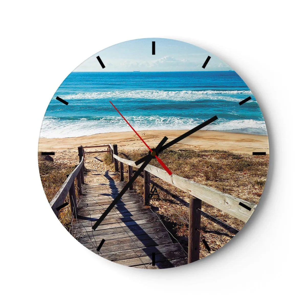 Zegar ścienny - Drewniany pomost prowadzący na piaszczystą plażę przy błękitnym oceanie - 30x30cm - Biegnij! - Nowoczesna dekoracja ścienna do salonu, kuchni i sypialni ARTTOR