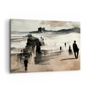 Obraz na płótnie - Spacerowicze na plaży w spokojnym pejzażu - 100x70cm - Przywołani - Nowoczesna dekoracja ścienna do salonu, kuchni i sypialni ARTTOR