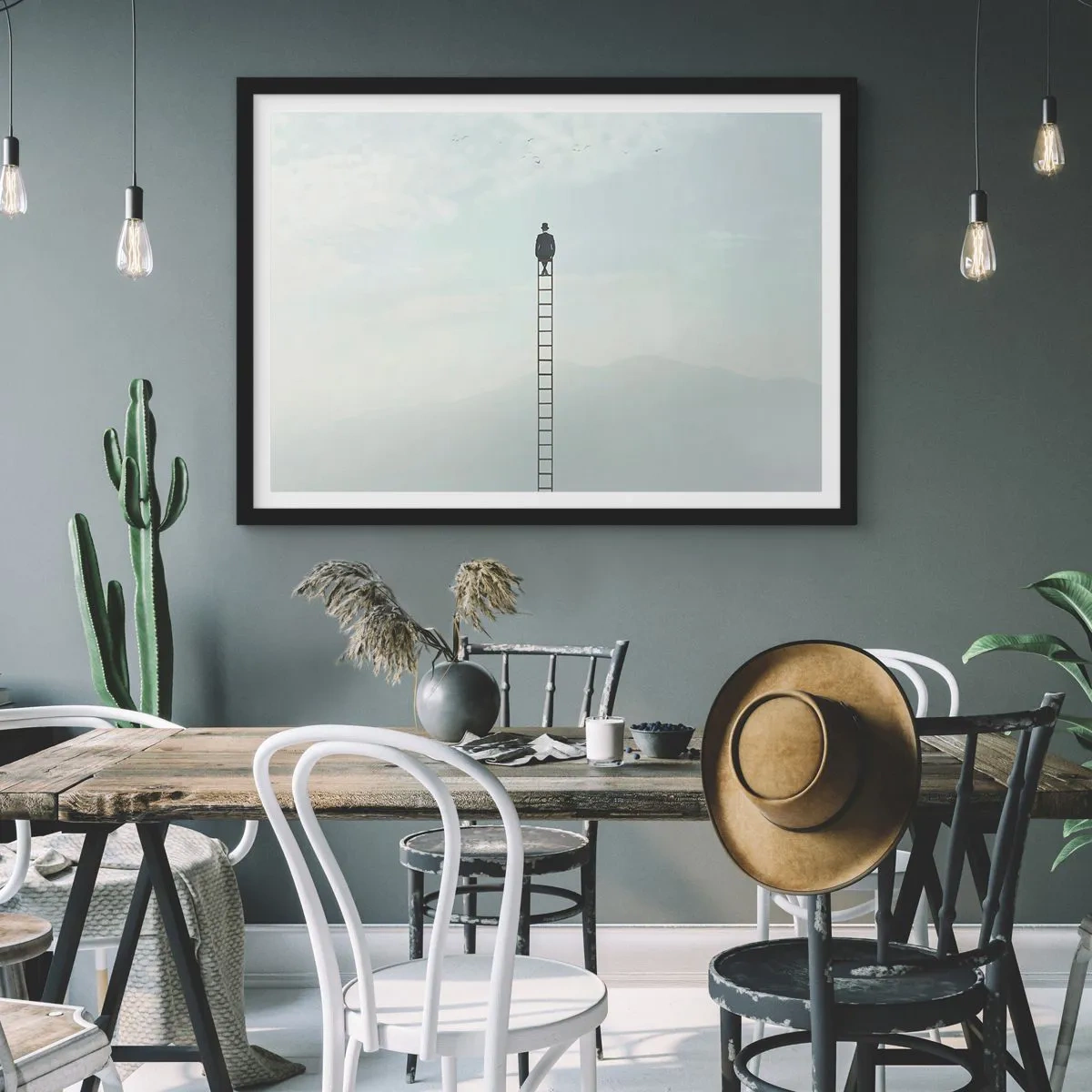 Plakat w czarnej ramie - Mężczyzna na drabinie wznoszącej się w niebo - 70x50cm - Wznieś się ponadto - Nowoczesna dekoracja ścienna do salonu i sypialni ARTTOR