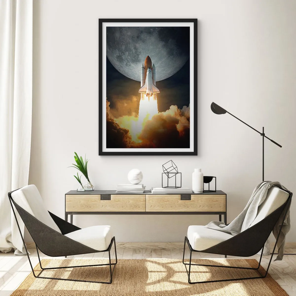 Plakat w czarnej ramie - Start wahadłowca kosmicznego na tle Księżyca - 50x70cm - Początek nieziemskiej przygody - Nowoczesna dekoracja ścienna do salonu i sypialni ARTTOR