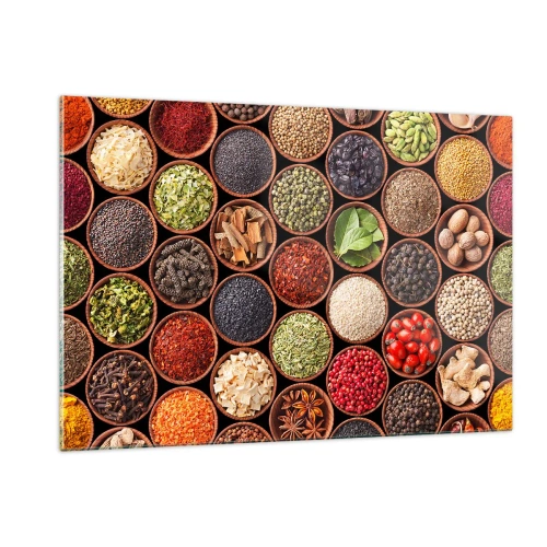 Obraz na szkle - Kompozycja różnorodnych przypraw w drewnianych miseczkach - 120x80cm - Wszystkie smaki świata - Nowoczesna dekoracja ścienna do salonu, kuchni i sypialni ARTTOR